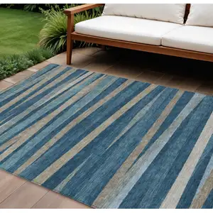 Photo of Denim Blue And Gray Striped Washable Indoor Outdoor Area Rug