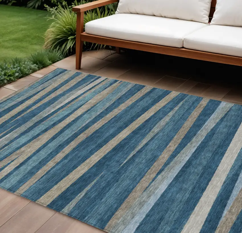 Denim Blue And Gray Striped Washable Indoor Outdoor Area Rug Photo 1