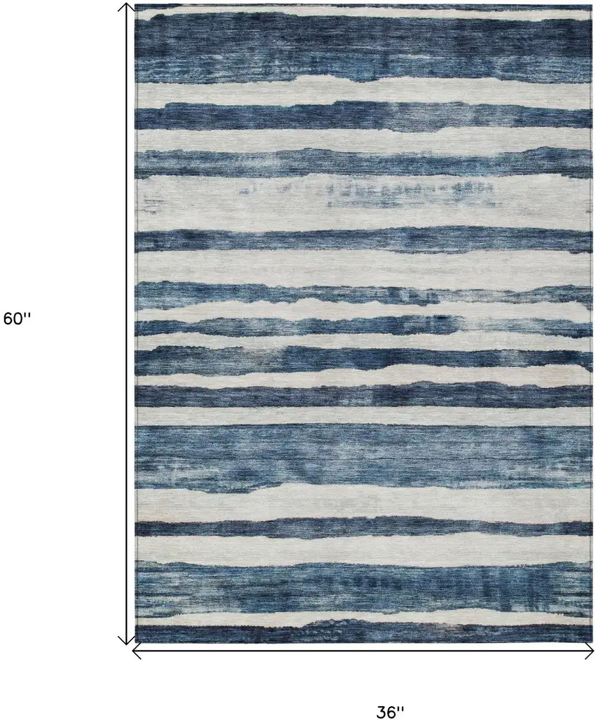 Denim Blue And Gray Striped Washable Indoor Outdoor Area Rug Photo 3