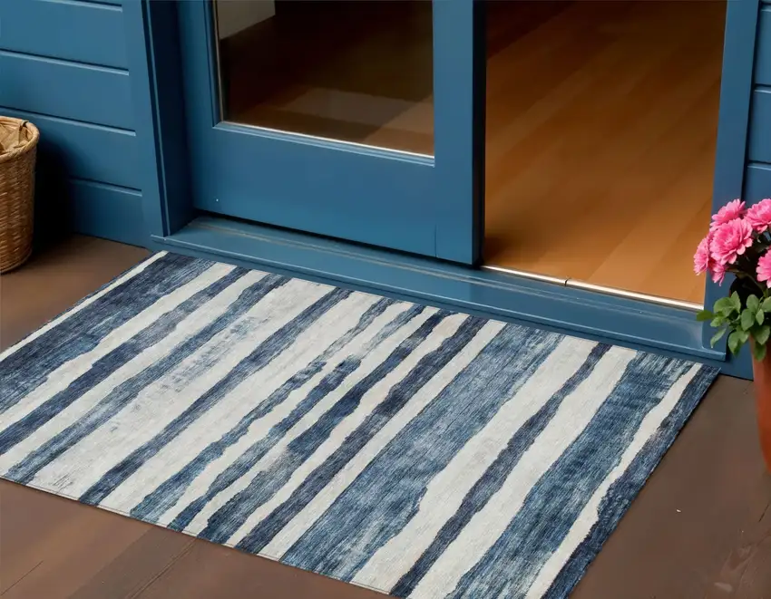 Denim Blue And Gray Striped Washable Indoor Outdoor Area Rug Photo 1
