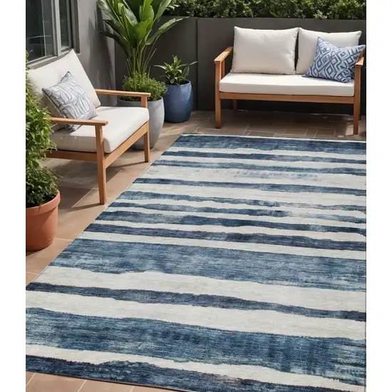 Denim Blue And Gray Striped Washable Indoor Outdoor Area Rug Photo 1