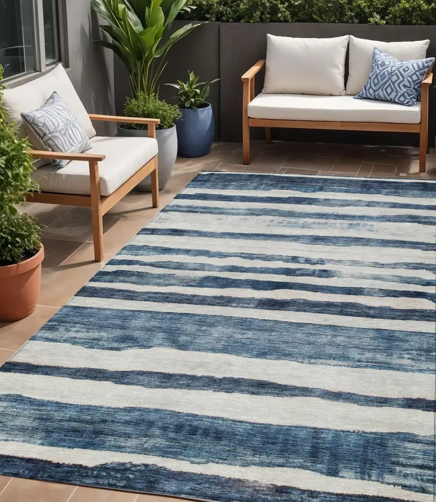 Denim Blue And Gray Striped Washable Indoor Outdoor Area Rug Photo 1