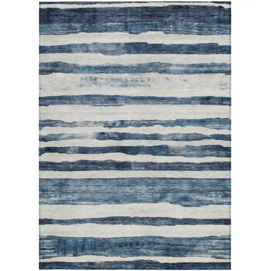Denim Blue And Gray Striped Washable Indoor Outdoor Area Rug Photo 6