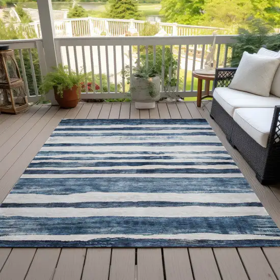Denim Blue And Gray Striped Washable Indoor Outdoor Area Rug Photo 9