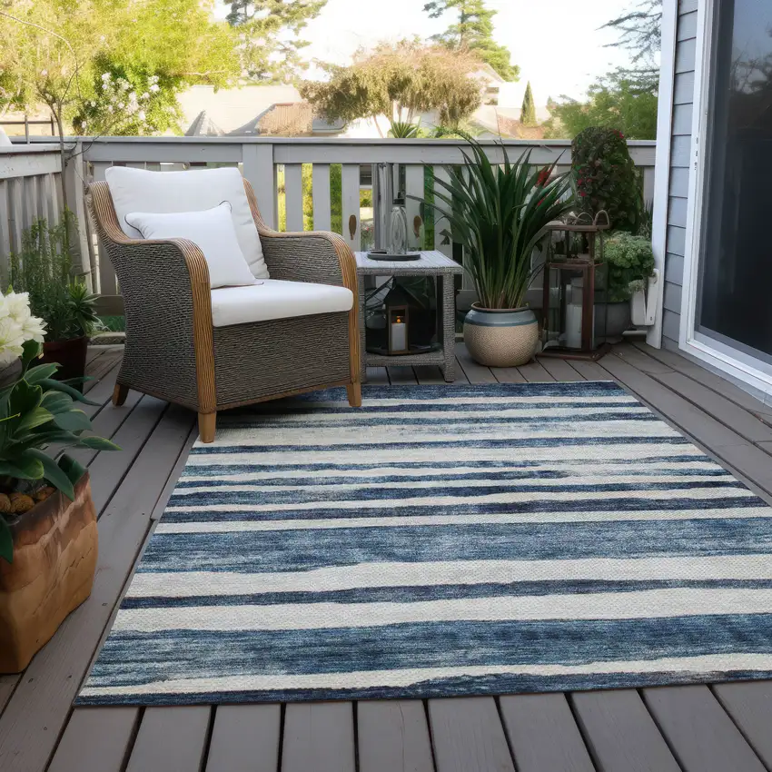 Denim Blue And Gray Striped Washable Indoor Outdoor Area Rug Photo 7