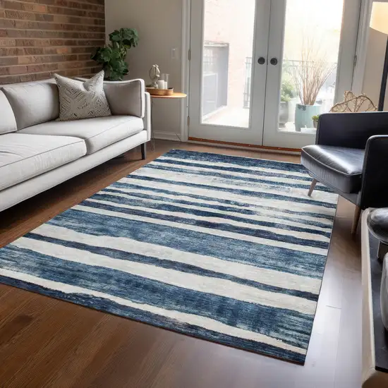 Denim Blue And Gray Striped Washable Indoor Outdoor Area Rug Photo 8