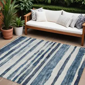 Photo of Denim Blue And Gray Striped Washable Indoor Outdoor Area Rug
