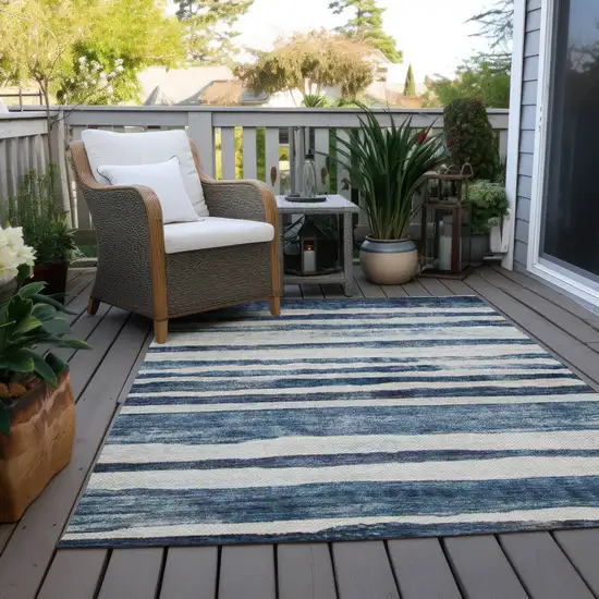 Denim Blue And Gray Striped Washable Indoor Outdoor Area Rug Photo 8