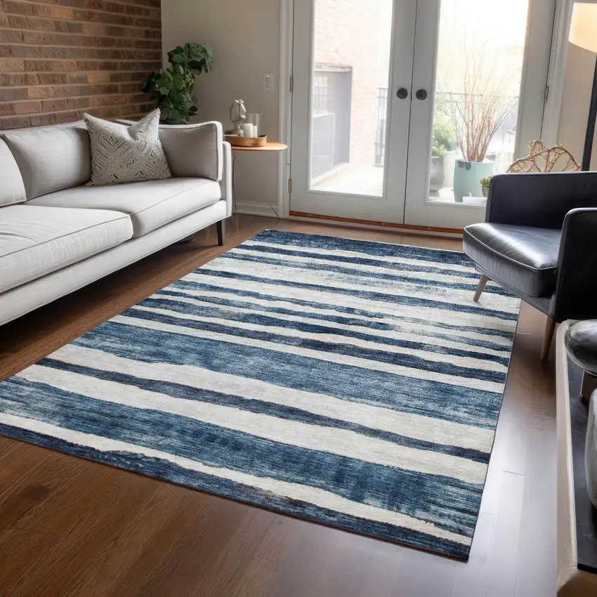 Denim Blue And Gray Striped Washable Indoor Outdoor Area Rug Photo 9