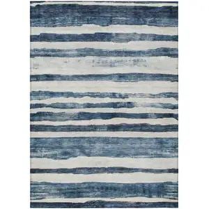 Photo of Denim Blue And Gray Striped Washable Indoor Outdoor Area Rug