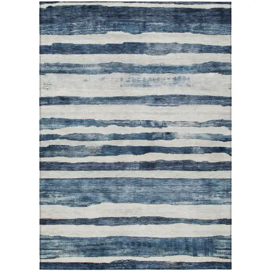 Denim Blue And Gray Striped Washable Indoor Outdoor Area Rug Photo 2