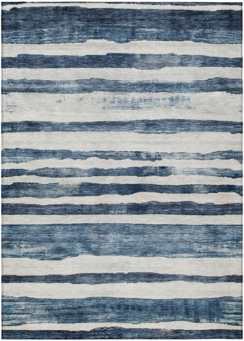 Denim Blue And Gray Striped Washable Indoor Outdoor Area Rug Photo 2