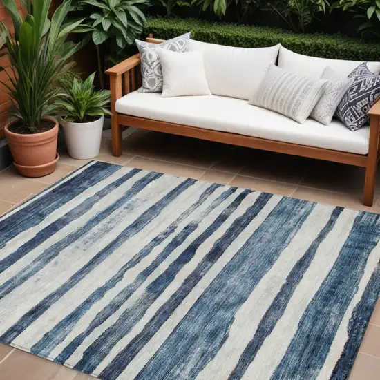 Denim Blue And Gray Striped Washable Indoor Outdoor Area Rug Photo 1
