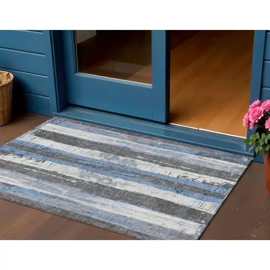Denim Blue And Gray Striped Washable Indoor Outdoor Area Rug Photo 2