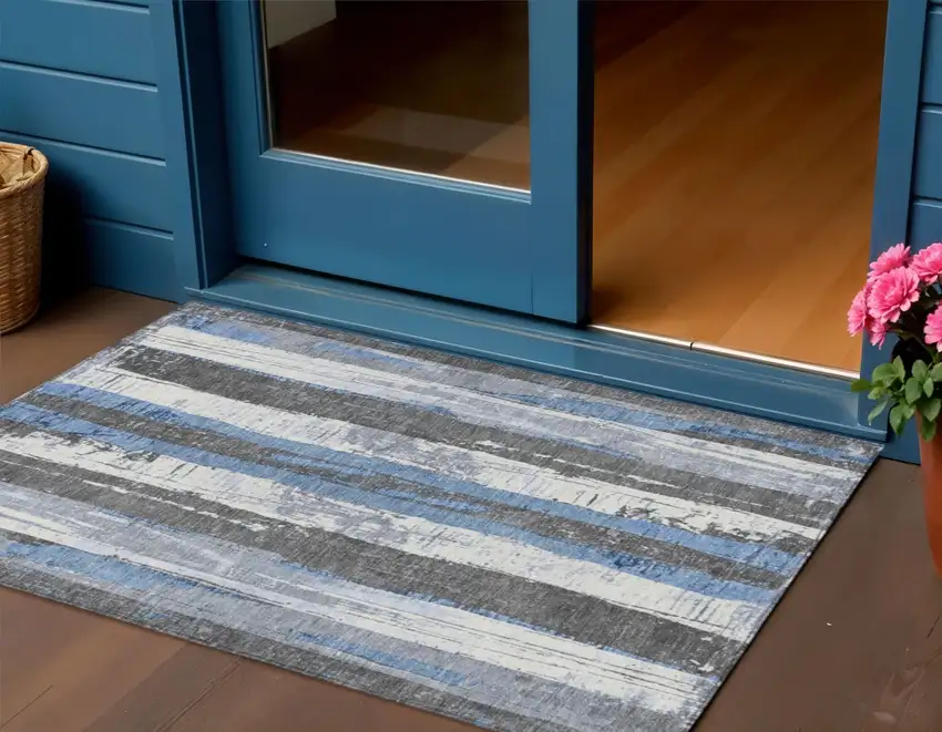 Denim Blue And Gray Striped Washable Indoor Outdoor Area Rug Photo 2