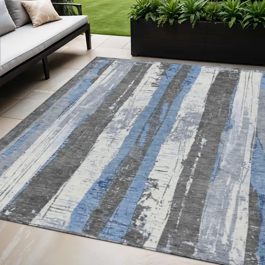 Denim Blue And Gray Striped Washable Indoor Outdoor Area Rug Photo 2
