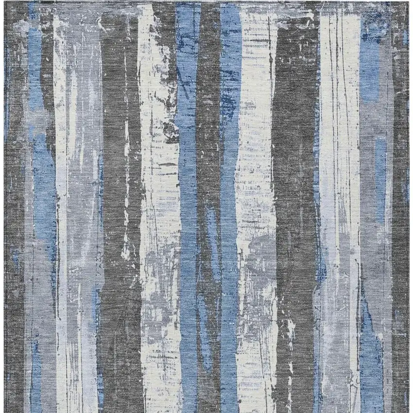 Denim Blue And Gray Striped Washable Indoor Outdoor Area Rug Photo 3