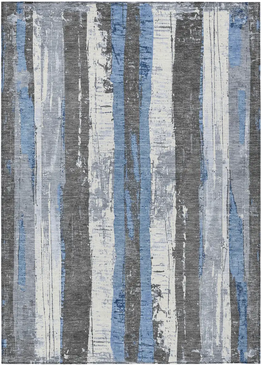Denim Blue And Gray Striped Washable Indoor Outdoor Area Rug Photo 1