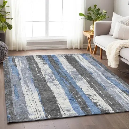 Denim Blue And Gray Striped Washable Indoor Outdoor Area Rug Photo 6