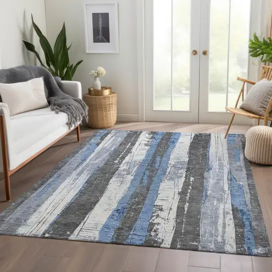 Denim Blue And Gray Striped Washable Indoor Outdoor Area Rug Photo 7