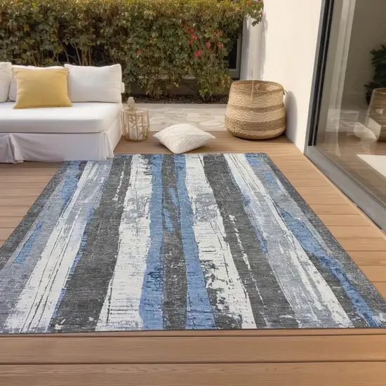 Denim Blue And Gray Striped Washable Indoor Outdoor Area Rug Photo 8