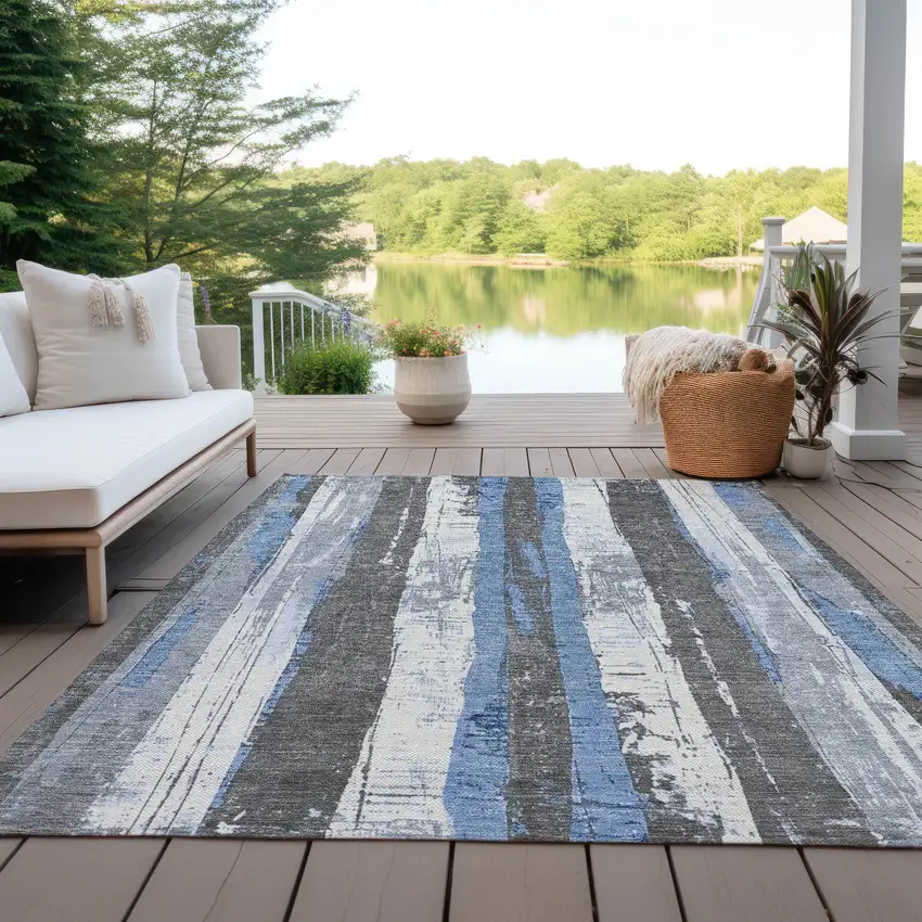 Denim Blue And Gray Striped Washable Indoor Outdoor Area Rug Photo 4