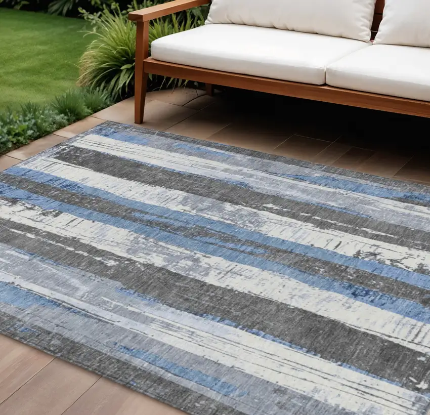 Denim Blue And Gray Striped Washable Indoor Outdoor Area Rug Photo 2