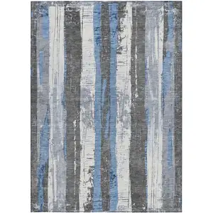 Photo of Denim Blue And Gray Striped Washable Indoor Outdoor Area Rug