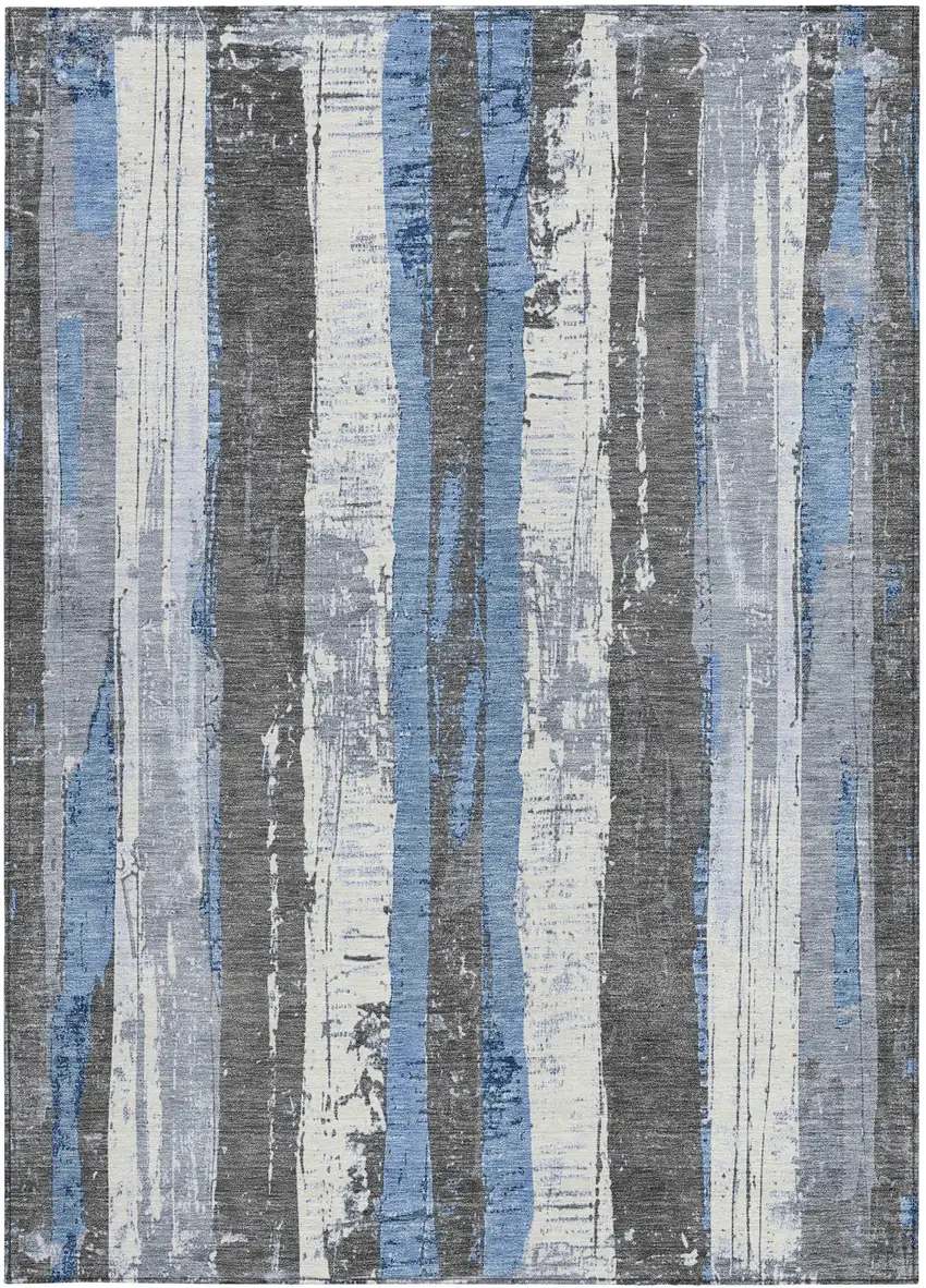 Denim Blue And Gray Striped Washable Indoor Outdoor Area Rug Photo 1