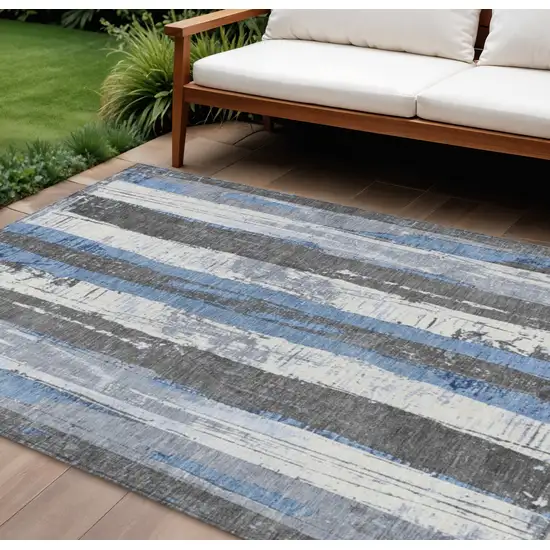Denim Blue And Gray Striped Washable Indoor Outdoor Area Rug Photo 2