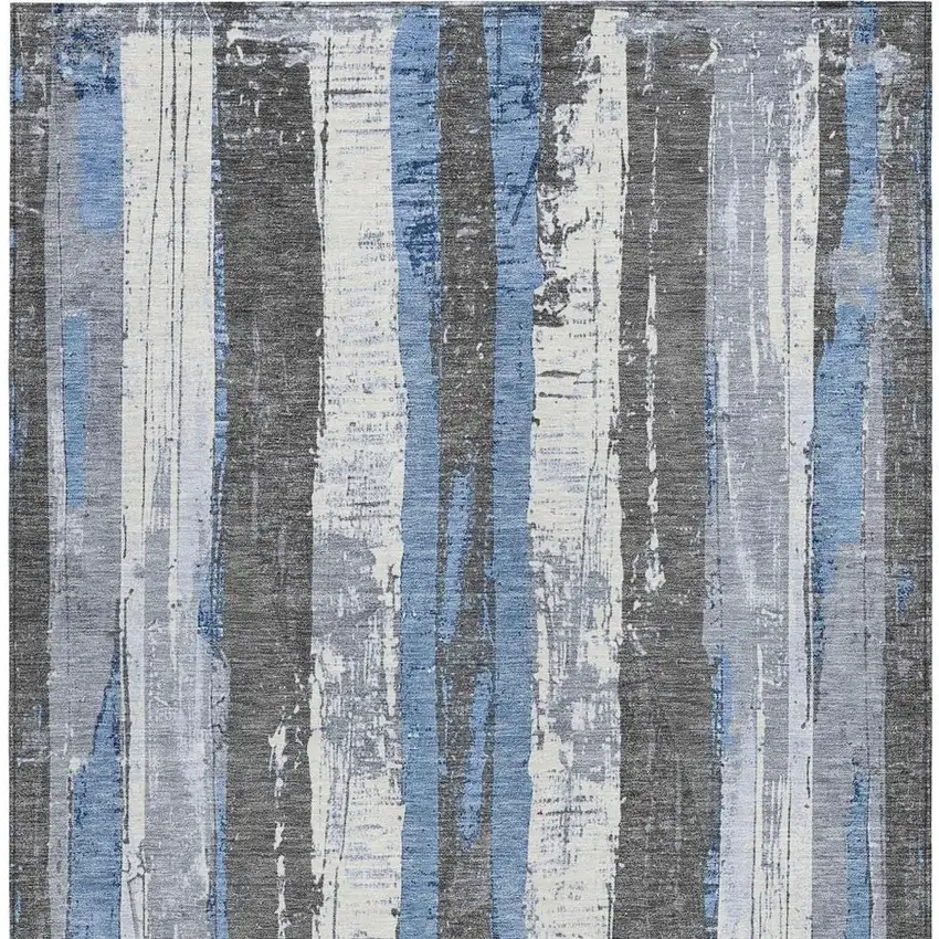 Denim Blue And Gray Striped Washable Indoor Outdoor Area Rug Photo 3