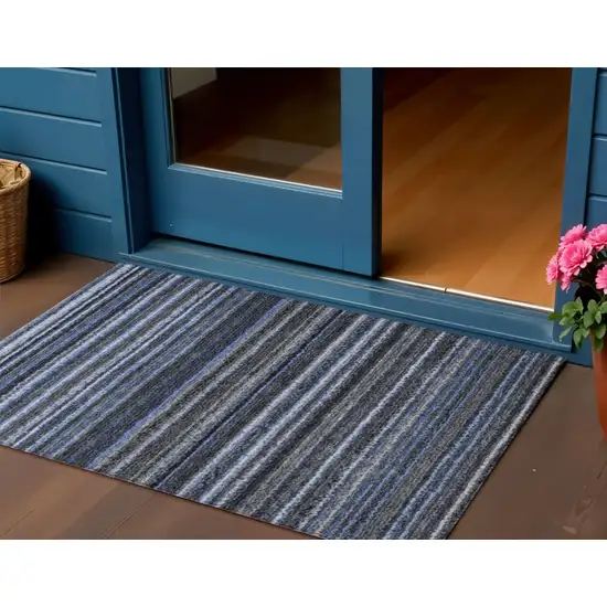 Denim Blue And Gray Striped Washable Indoor Outdoor Area Rug Photo 1