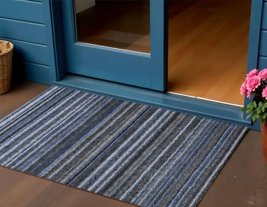 Denim Blue And Gray Striped Washable Indoor Outdoor Area Rug Photo 1