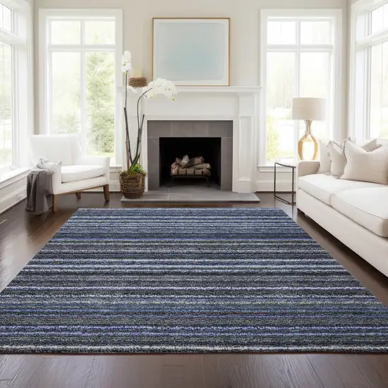 Denim Blue And Gray Striped Washable Indoor Outdoor Area Rug Photo 8