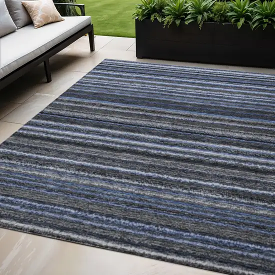 Denim Blue And Gray Striped Washable Indoor Outdoor Area Rug Photo 1