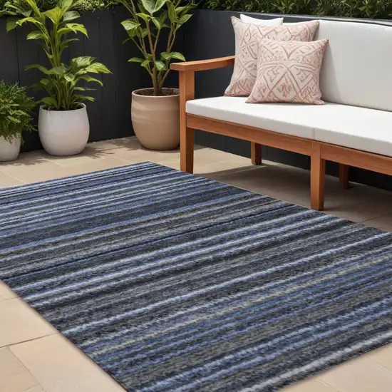 Denim Blue And Gray Striped Washable Indoor Outdoor Area Rug Photo 1