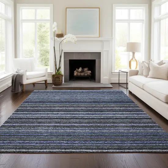Denim Blue And Gray Striped Washable Indoor Outdoor Area Rug Photo 6
