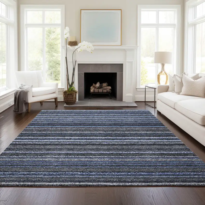 Denim Blue And Gray Striped Washable Indoor Outdoor Area Rug Photo 6