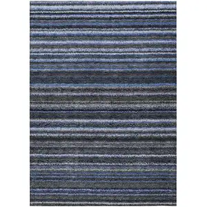 Photo of Denim Blue And Gray Striped Washable Indoor Outdoor Area Rug