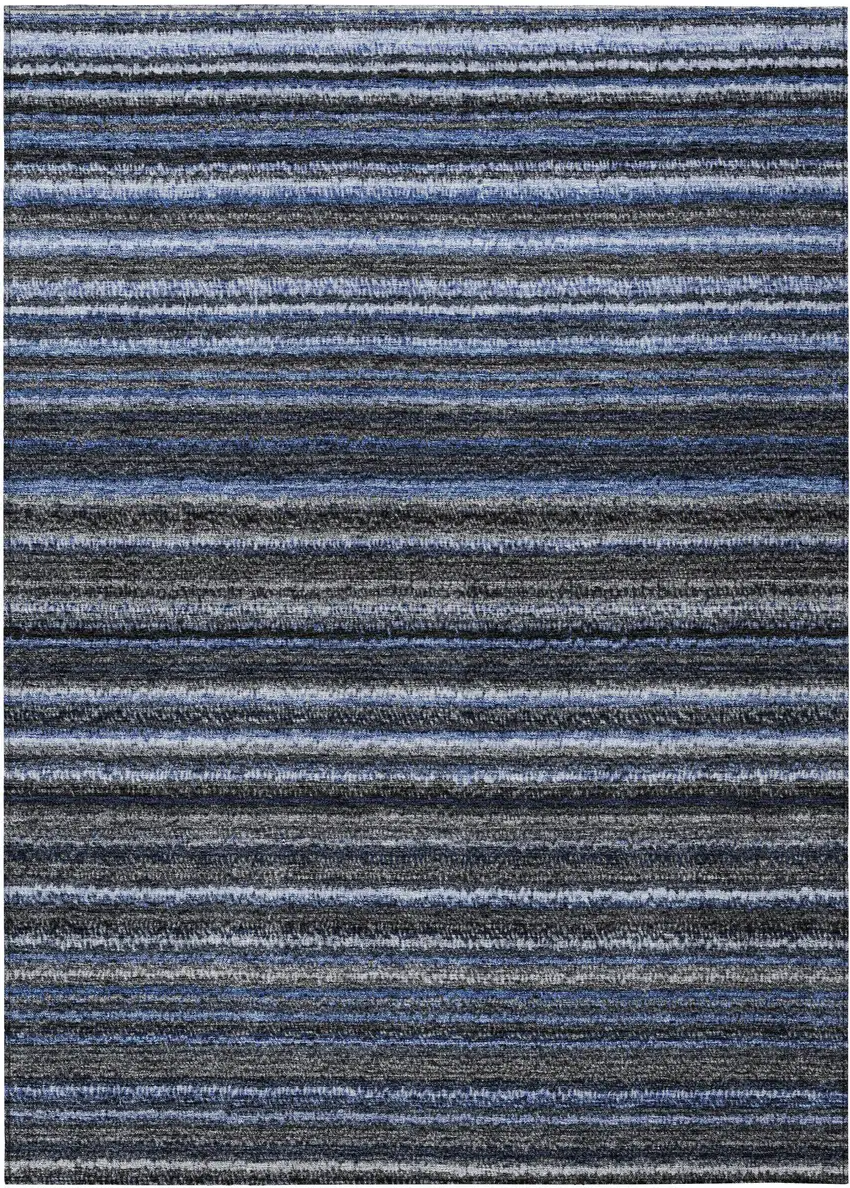 Denim Blue And Gray Striped Washable Indoor Outdoor Area Rug Photo 1