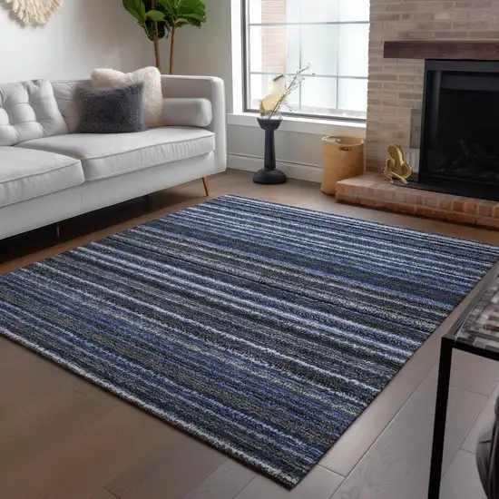 Denim Blue And Gray Striped Washable Indoor Outdoor Area Rug Photo 7