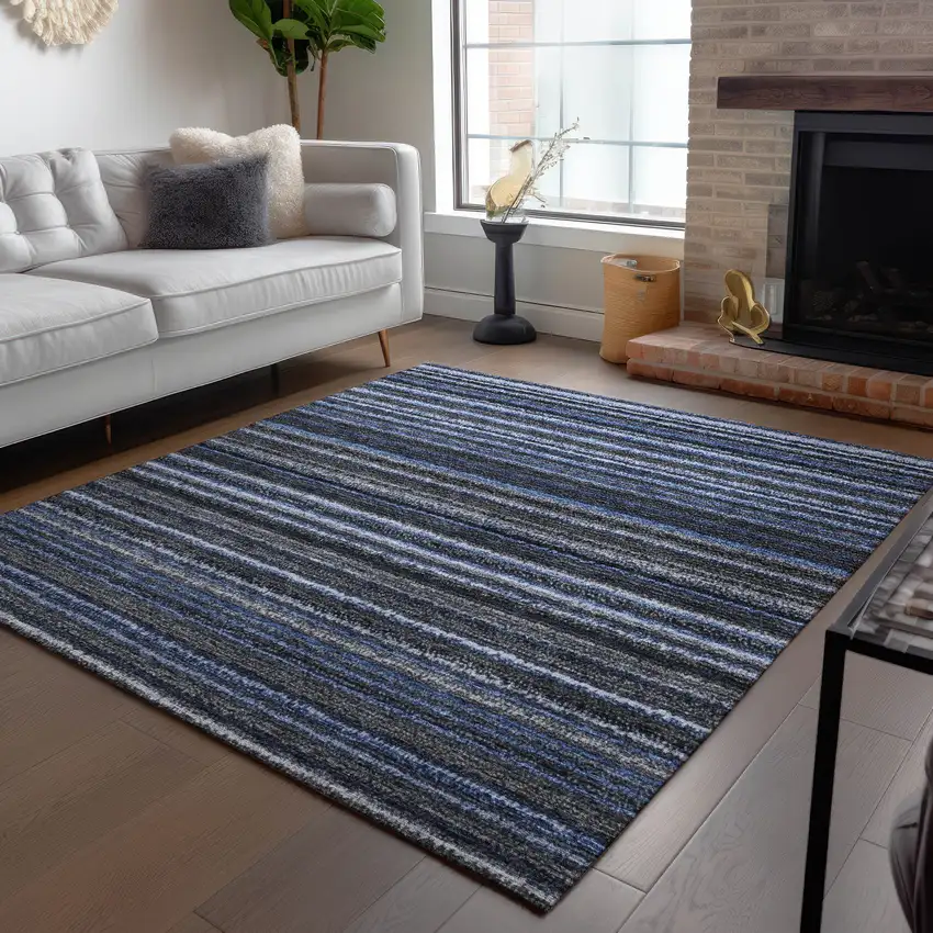 Denim Blue And Gray Striped Washable Indoor Outdoor Area Rug Photo 7