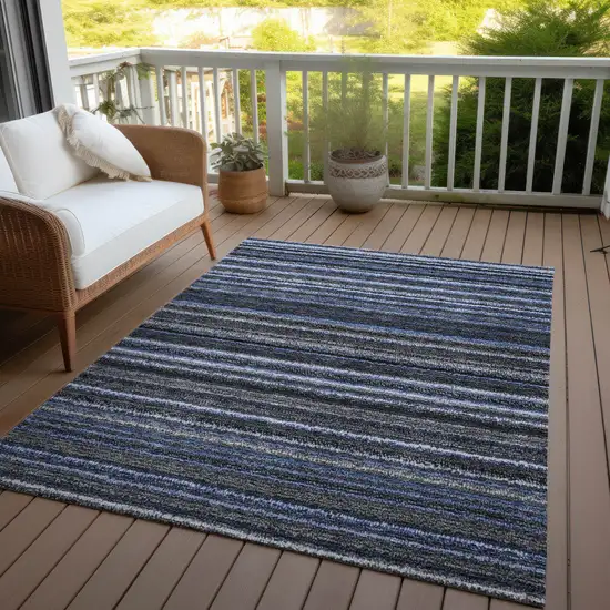 Denim Blue And Gray Striped Washable Indoor Outdoor Area Rug Photo 5