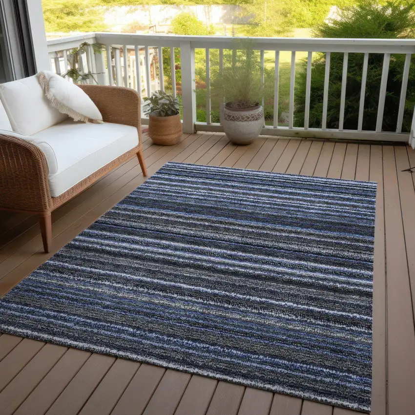 Denim Blue And Gray Striped Washable Indoor Outdoor Area Rug Photo 5