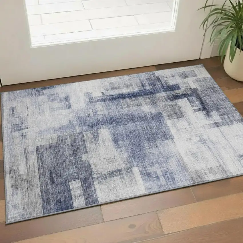 Denim Blue And Ivory Abstract Geometric Washable Area Rug With UV Protection Photo 2