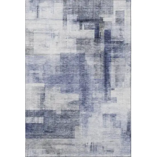 Denim Blue And Ivory Abstract Geometric Washable Area Rug With UV Protection Photo 3