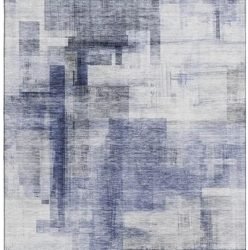 Denim Blue And Ivory Abstract Geometric Washable Area Rug With UV Protection Photo 2