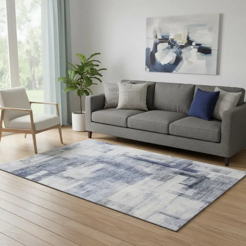 Denim Blue And Ivory Abstract Geometric Washable Area Rug With UV Protection Photo 2