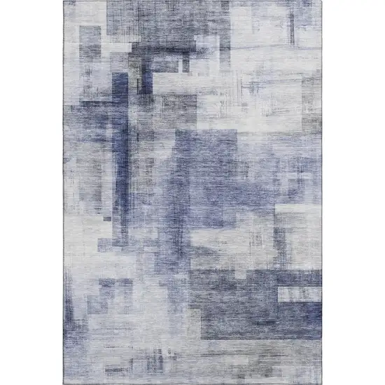 Denim Blue And Ivory Abstract Geometric Washable Area Rug With UV Protection Photo 1