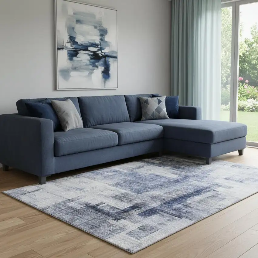 Denim Blue And Ivory Abstract Geometric Washable Area Rug With UV Protection Photo 2